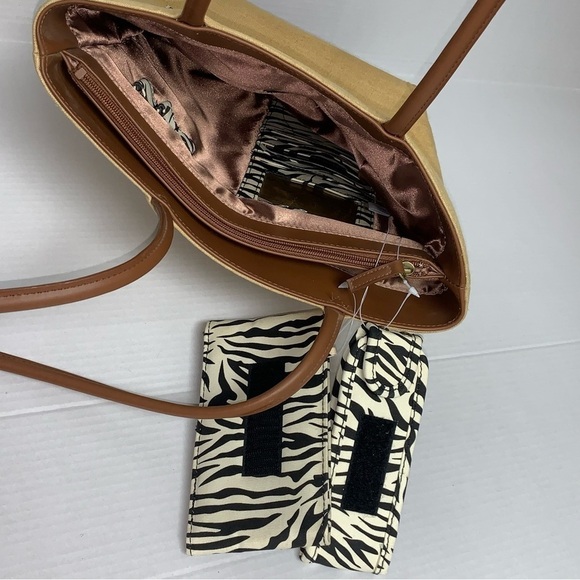 Tan Tote Handbag Brown Leather Straps/Zebra Print Trim Embroidered Giraffe NWOT - Picture 8 of 13
